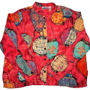 VTG 90s Chico's Design Shirt Womens Sz L (2) Red Silk Chinese Lanterns Button Up